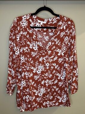 Fun 2 Fun Red/Copper 3/4 Sleeve Mandarin Collar Blouse